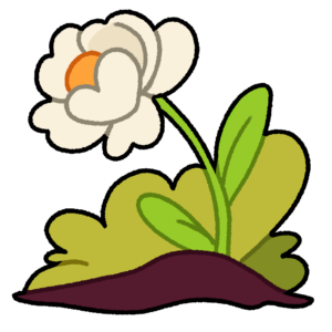 A white flower on a mound of dirt, with green shrubs behind it