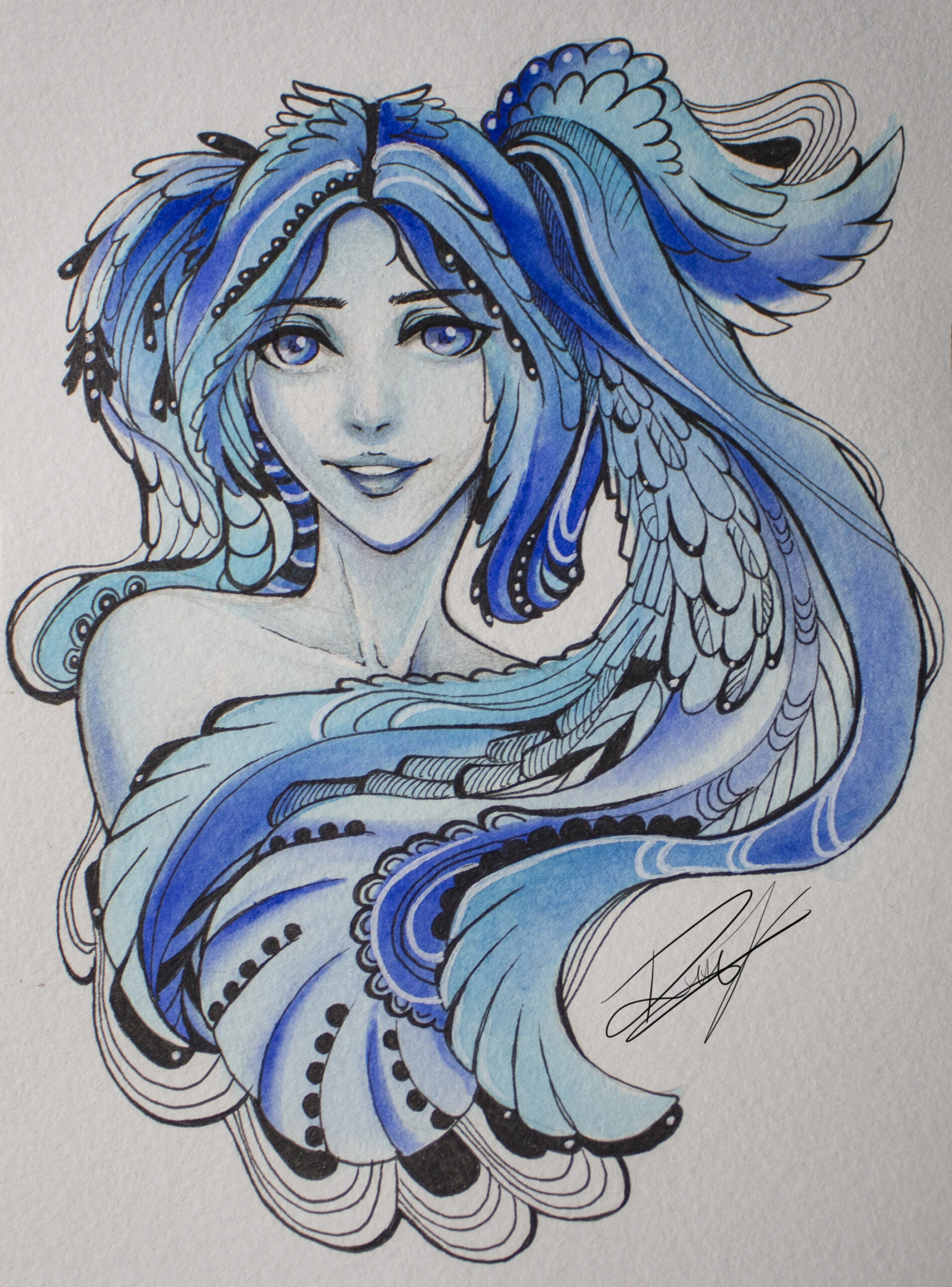 Watercolour art of a woman with long blue hair